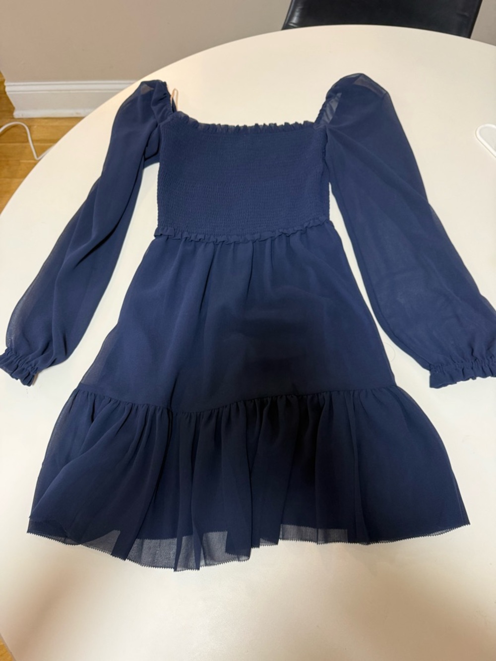 Navy Smocked Long-Sleeve Tiered Dress